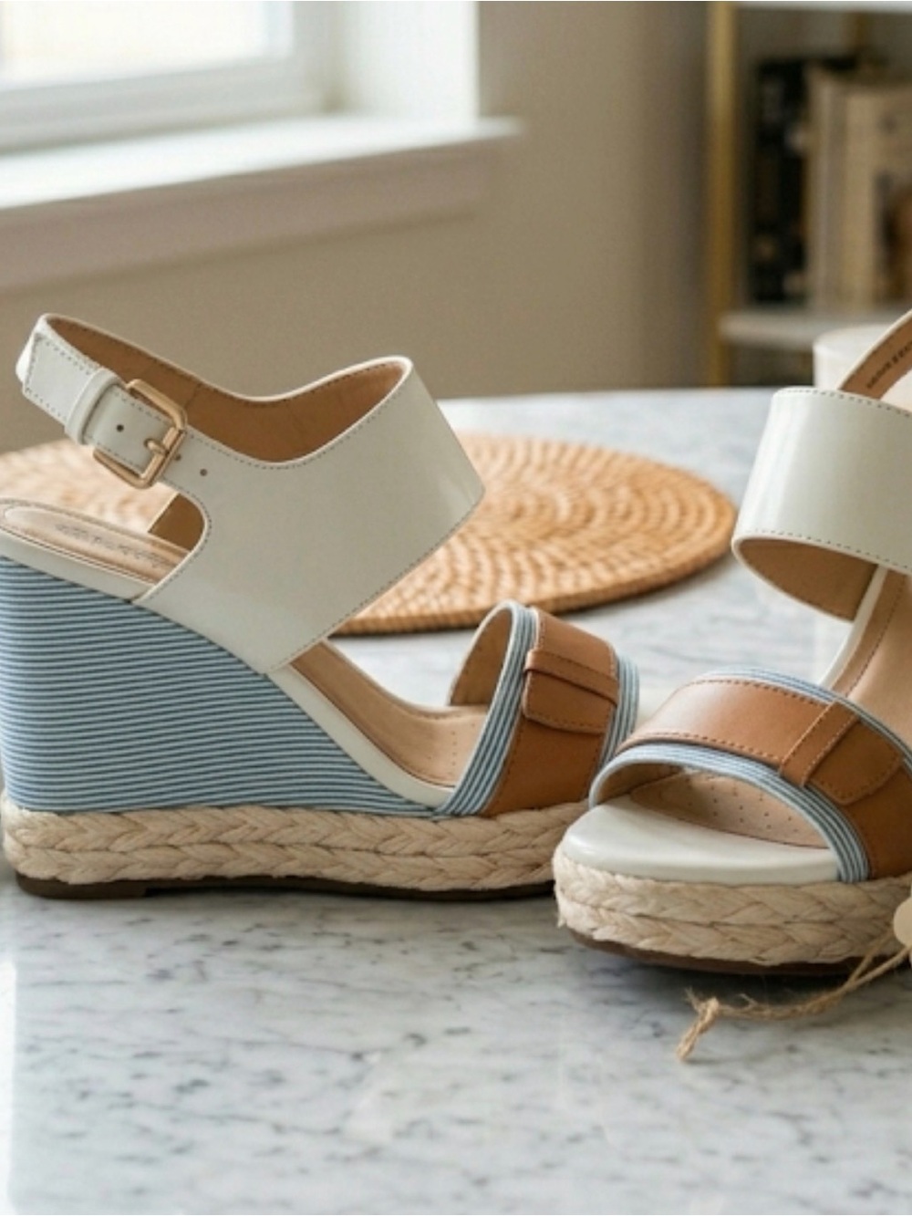 NWT. Geox White, Blue & Tan Espadrille Wedge Sandal.